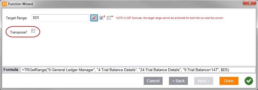 Screen capture showing the Transpose option for TRGetRange formulas.